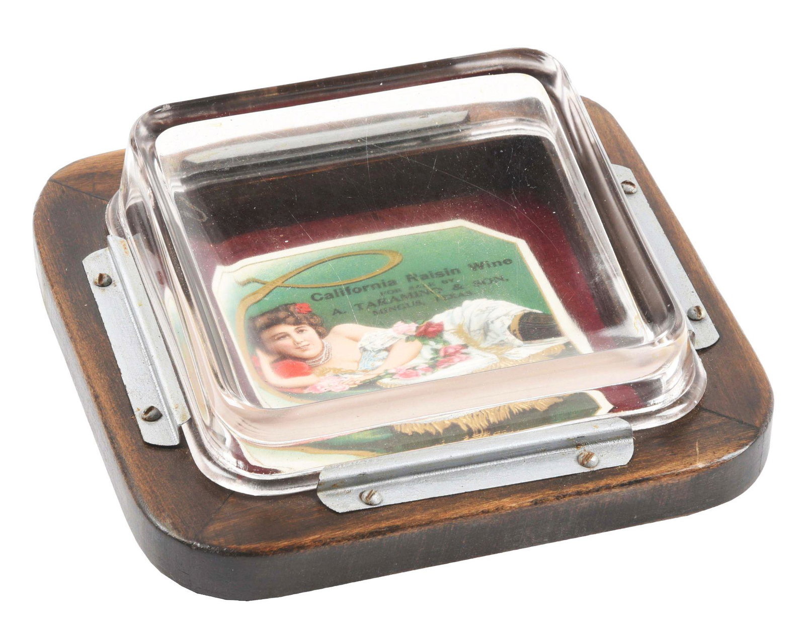 ADVERTISING CHANGE TRAY FOR CALIFORNIA RAISIN WINE.: This is an original change receiver or possibly an ash tray that advertises California Raisin Wine. A graphic label showing a reclining young lady. CONDITION: Shows very little areas of wear, some lig