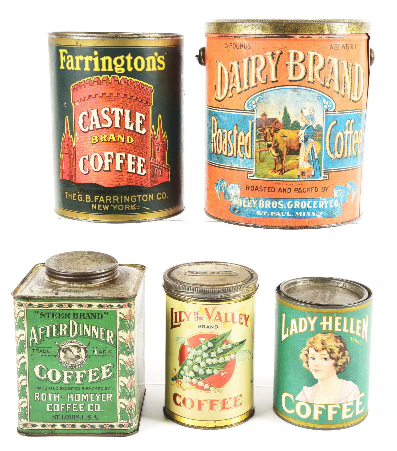 LOT OF 5: EARLY COFFEE TINS. (1 of 4)