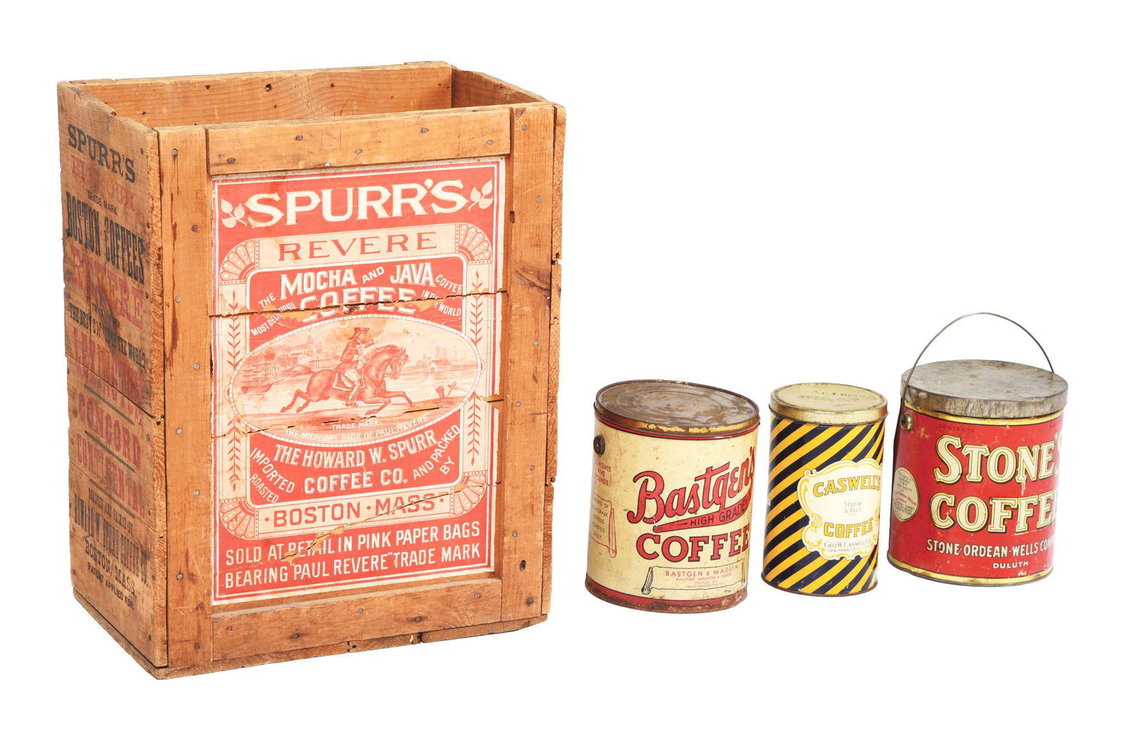 LOT OF 4: SPUR'S COFFEE CRATE AND 3 CANS. (1 of 4)