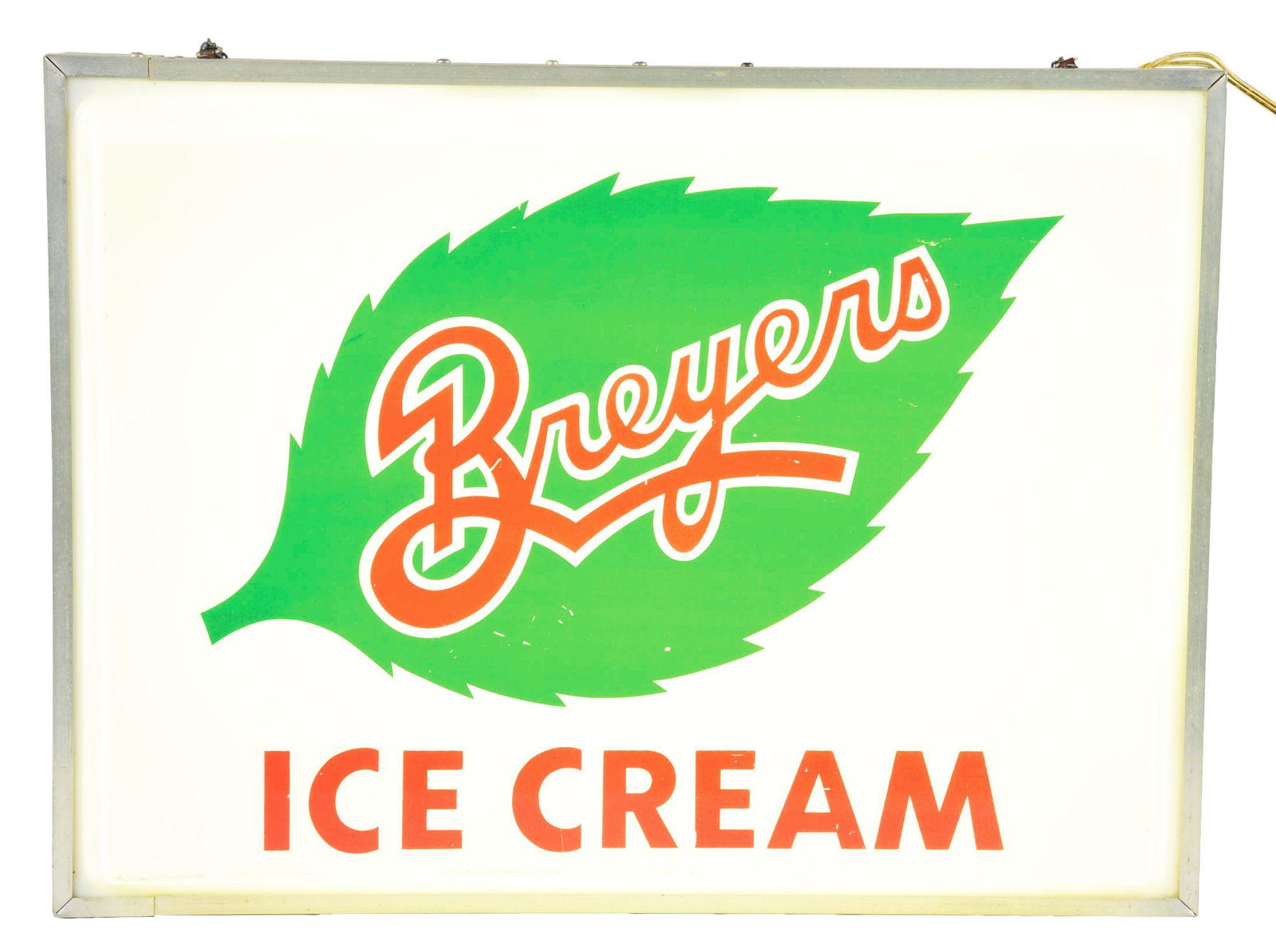 LIGHT UP BREYER'S ICE CREAM SIGN.: This Breyer's Ice Cream sign, most-likely from the 1960's, has a plastic front. Advertises Breyer's Ice Cream on an original metal can with a chain. Fully operational and lights up bright. CONDITION: 
