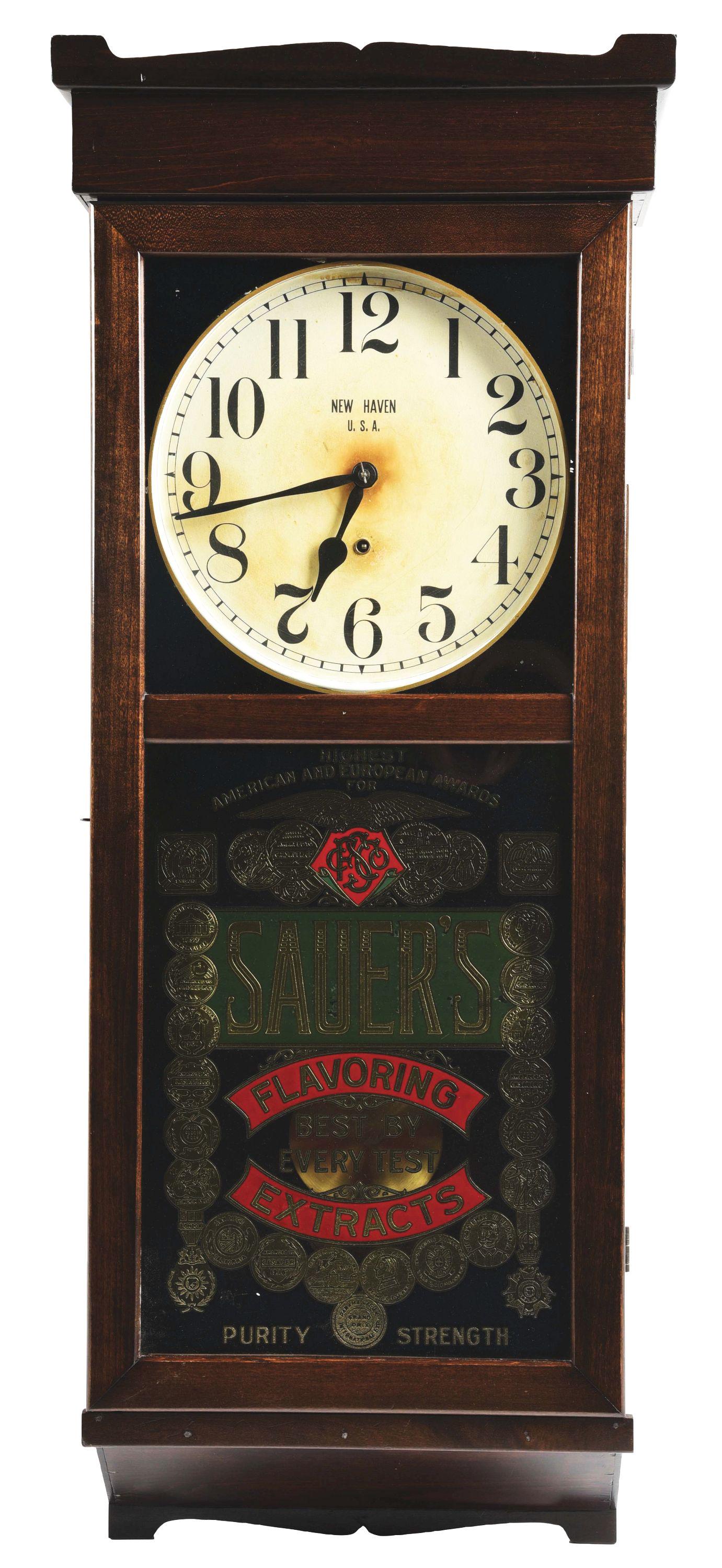 NEW HAVEN REGULATOR CLOCK ADVERTISING SAUER'S FLAVORING EXTRACTS. (1 of 3)