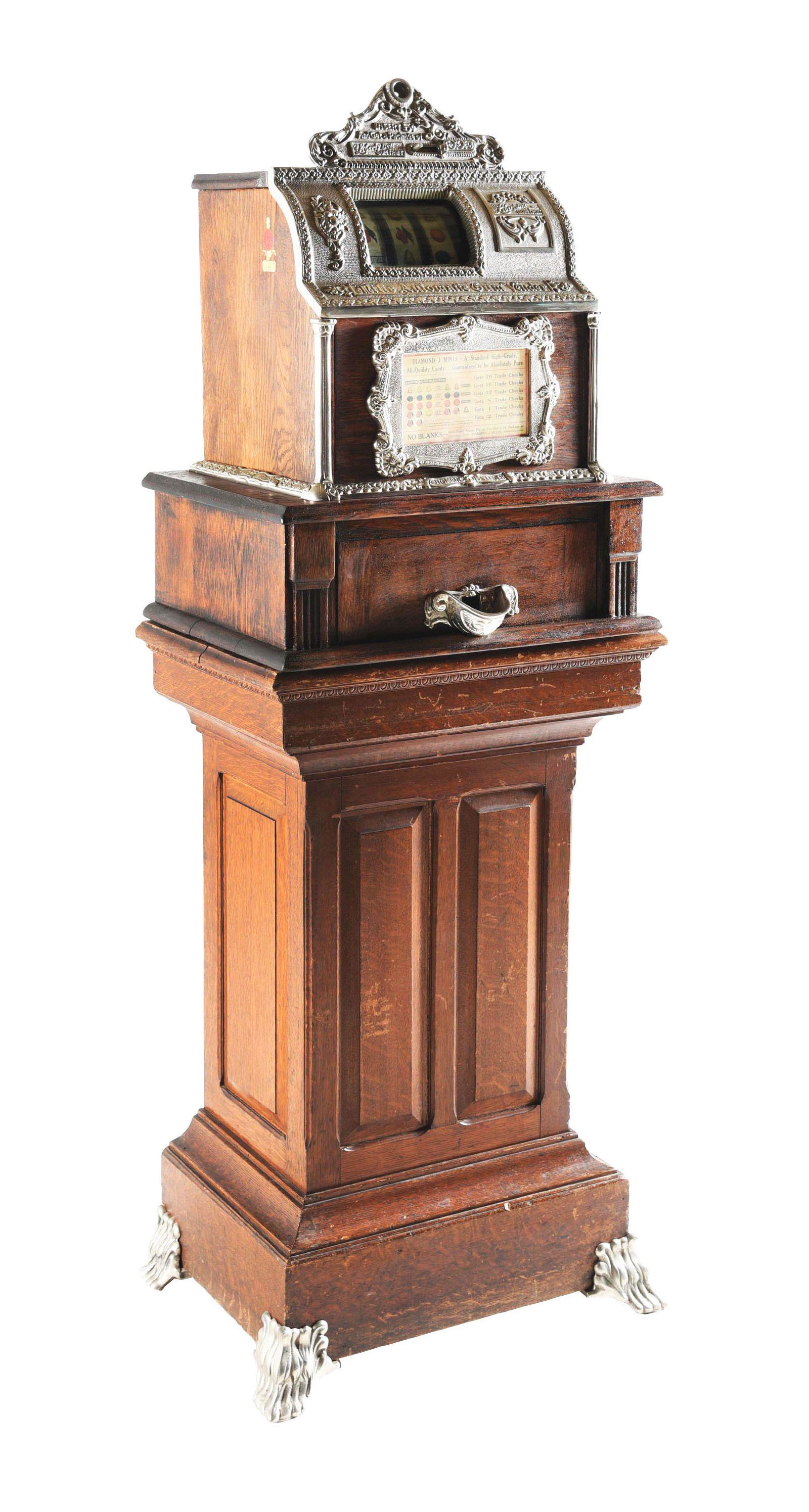 5¢ MILLS NOVELTY CO. AUTOMATIC GUM VENDOR SLOT MACHINE ON STAND. (1 of 9)