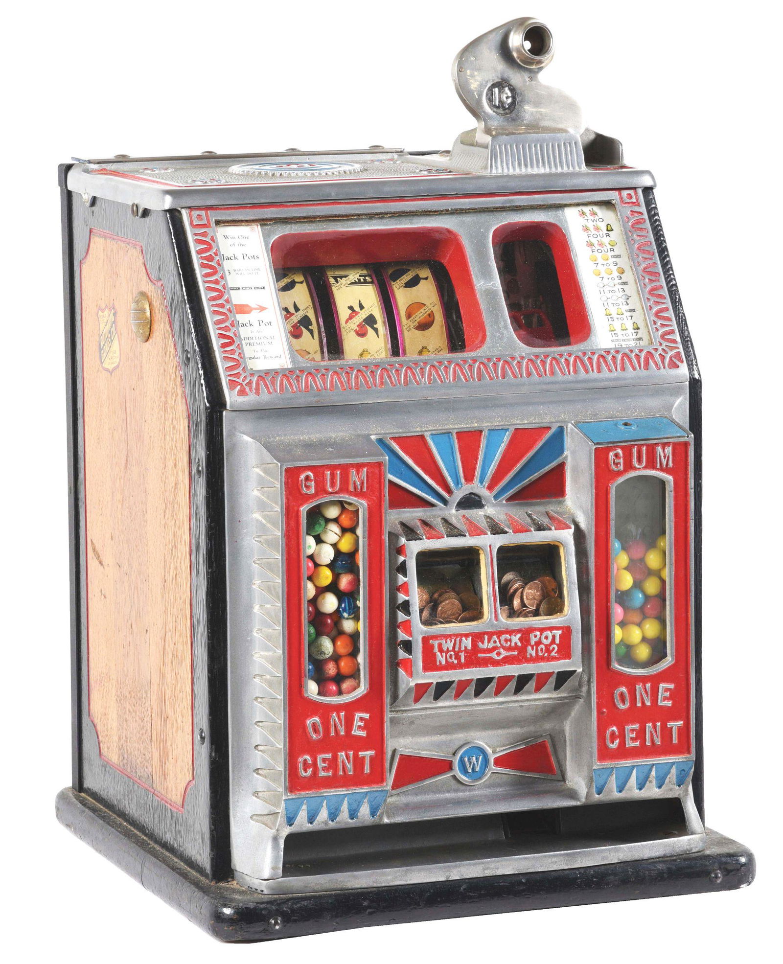 1¢ WATLING TWIN JACKPOT GUM SLOT MACHINE.: Watling Blue Seal 1 Cent Gooseneck Gumball Vending Slot Machine. Original Twin Jackpot penny slot machine with round gumball vender and original fortune reel strips. The vending of gumball for each pe