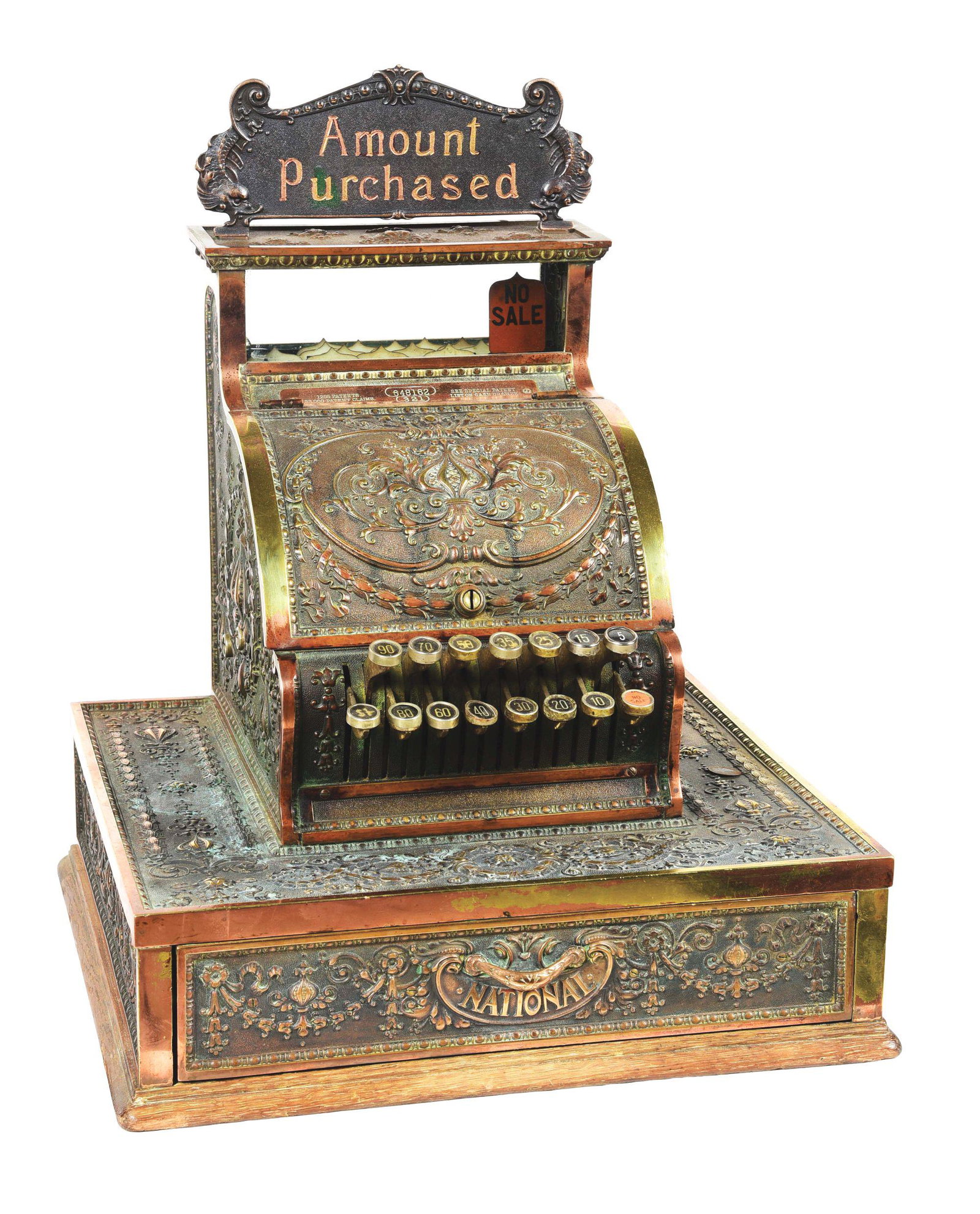 NATIONAL CASH REGISTER MODEL 321 SERIAL NUMBER 648162.: A very nice example of a National Cash Register Model 321 extended base cash register in yellow brass, shipped to Manchester, New Hampshire, July 24th, 1908. CONDITION: Shows an earlier highlighting o