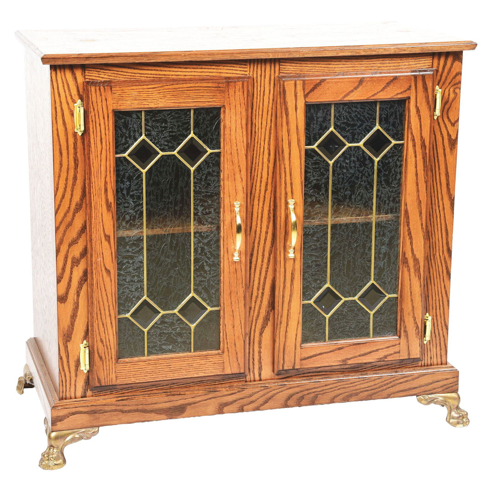 CONTEMPORARY DOUBLE OAK SLOT STAND WITH FROSTED GLASS & CLAW FEET. (1 of 5)