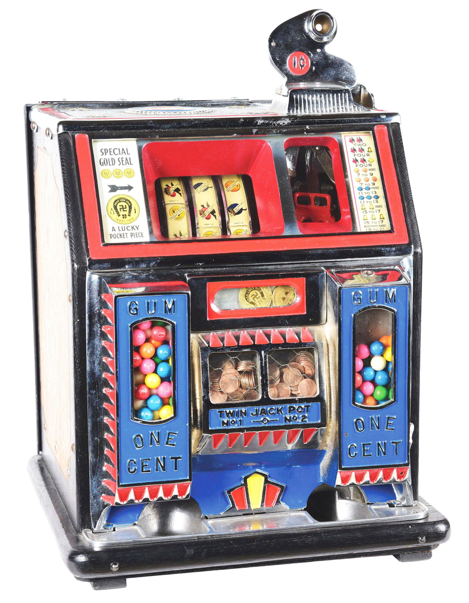 1¢ WATLING TWIN JACKPOT GOLD SEAL GUM VENDER SLOT MACHINE.: This front vendor gooseneck bell slot machine is also referred to as the Twin Jackpot Gum Vender Gold Seal. Features dual gum venders in operating condition on each side of the twin jackpot and fortun