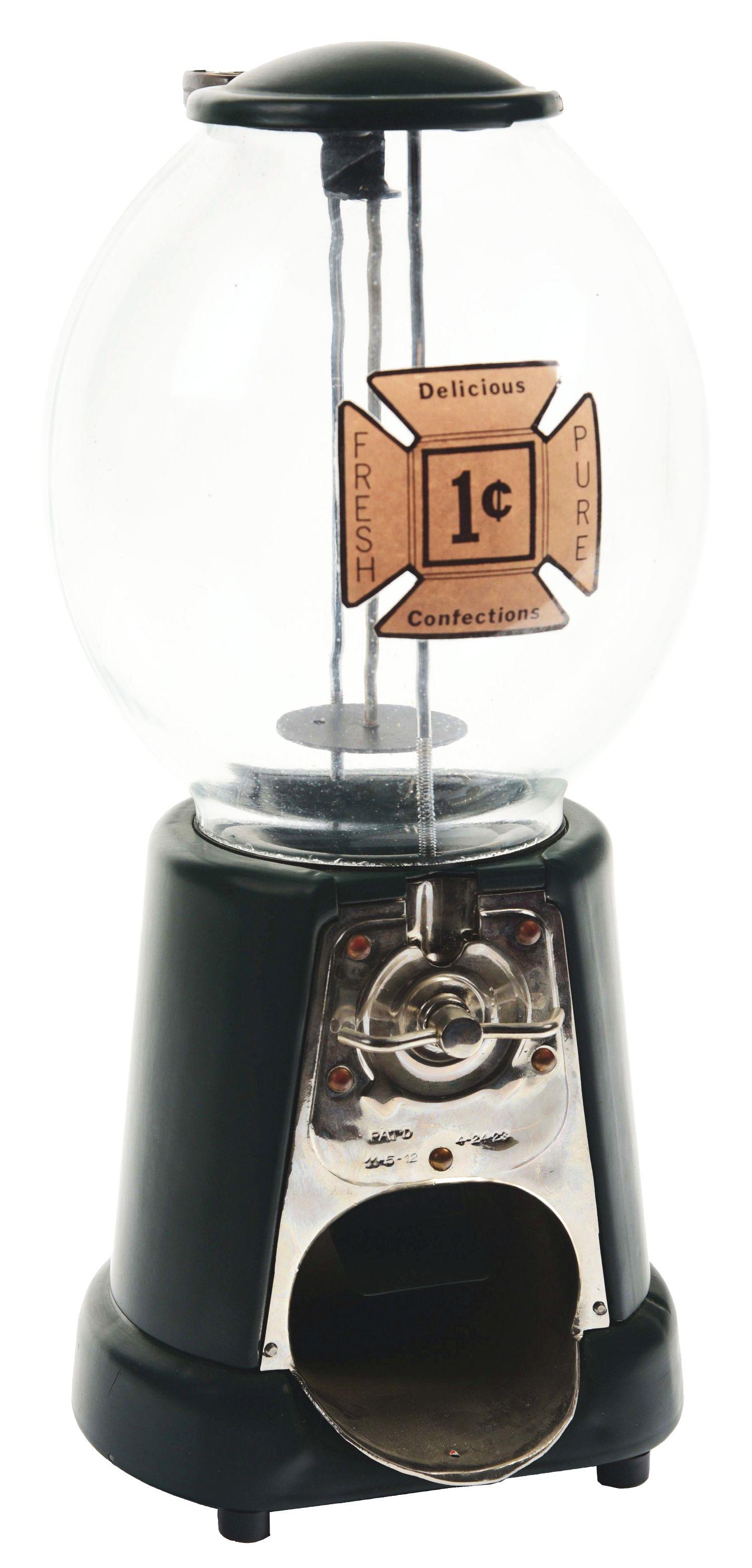 1¢ CONFECTIONS GUM BALL VENDOR.: Restored. It appears to have the original lock marked "Amco." Keys included. The original coin dial is stamped "Patented 1151242423." It has the original interior dispenser that reads "Hold hand and p