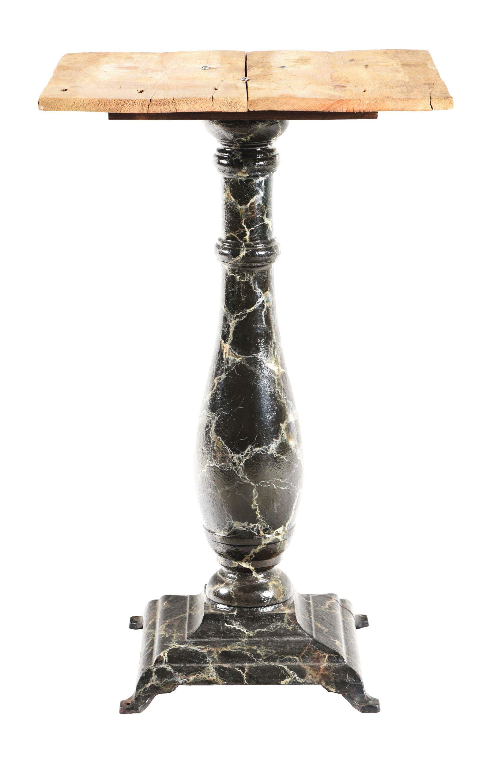 CAST IRON SLOT MACHINE STAND WITH OLD WOOD TOP. (1 of 4)