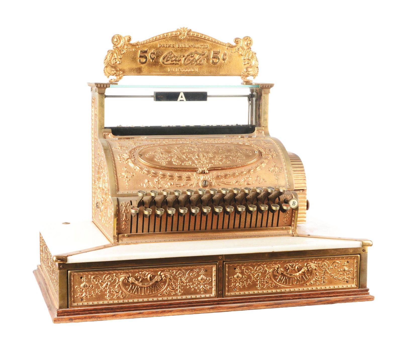 NATIONAL CASH REGISTER MODEL 39 1/2 SERIAL NUMBER 506530.: This is a really nice original example of a National Cash Register. CONSIDERATIONS: Register has original marble shelves, two drawer operation, a replaced "Coca-Cola" embossed marked key, with origina