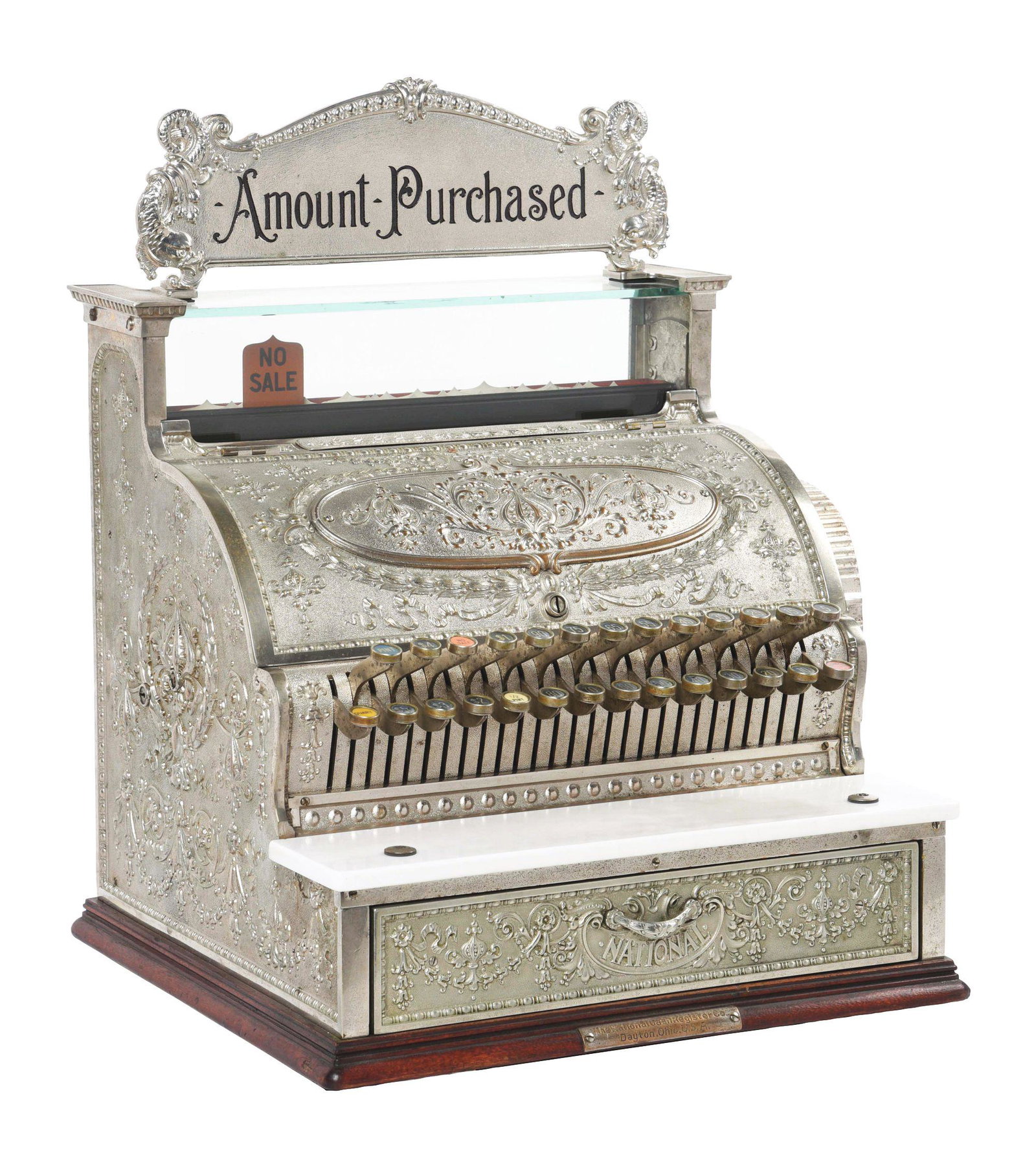 NATIONAL CASH REGISTER MODEL 349.: This is a National Cash Register model 349 with serial No. 697047. A beautiful dolphin cabinet with replaced top sign, growler key, very clean, older restoration. This is not a standard shippable item