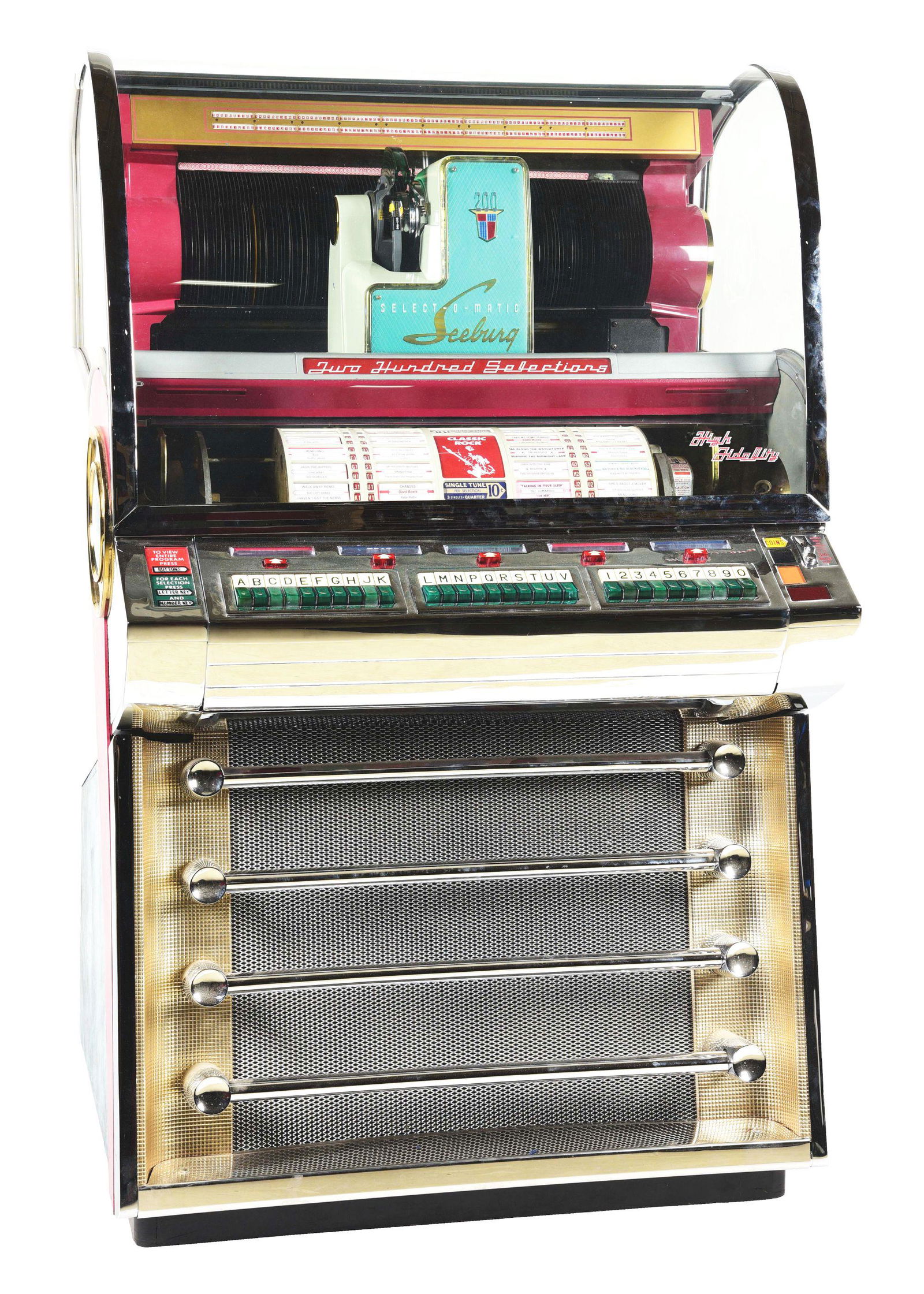 SEEBURG V200 45 RPM JUKEBOX MACHINE.: This is the first 200 selection machine made by Seeburg. These boxes are highly sought after, due to a unique rotating strip drum for selections. CONDITION: Excellent plus condition overall. All glass