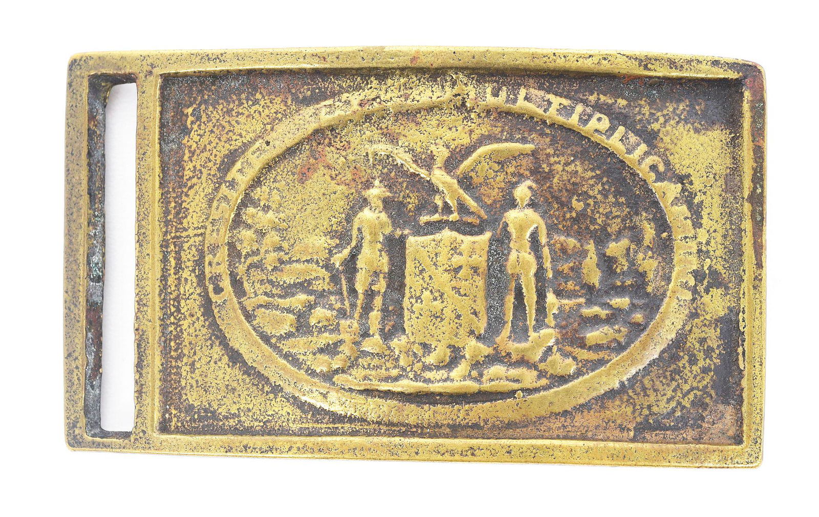 US CIVIL WAR MARYLAND RECTANGULAR BELT PLATE.: State seal version of the US M1851 sword belt plate worn by officers, NCOs and enlisted men armed with swords, i.e. cavalry and some artillery. Measuring 48 x 85 mm this bears that state 1854 seal wit