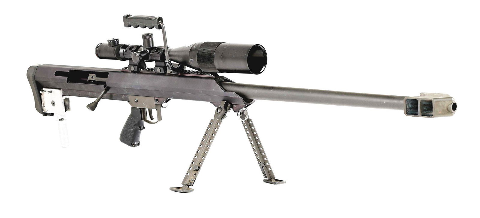 (M) BARRETT M99 .50 BMG SINGLE SHOT RIFLE WITH NIGHTFORCE SCOPE, AMMUNITION, AND RELOADING: The Barrett M99 is a single shot version of the M82 and similar rifles from Barrett, utilizing a very similar visual profile with distinct 2-chamber arrowhead brake, carrying handle, heavy contour bar