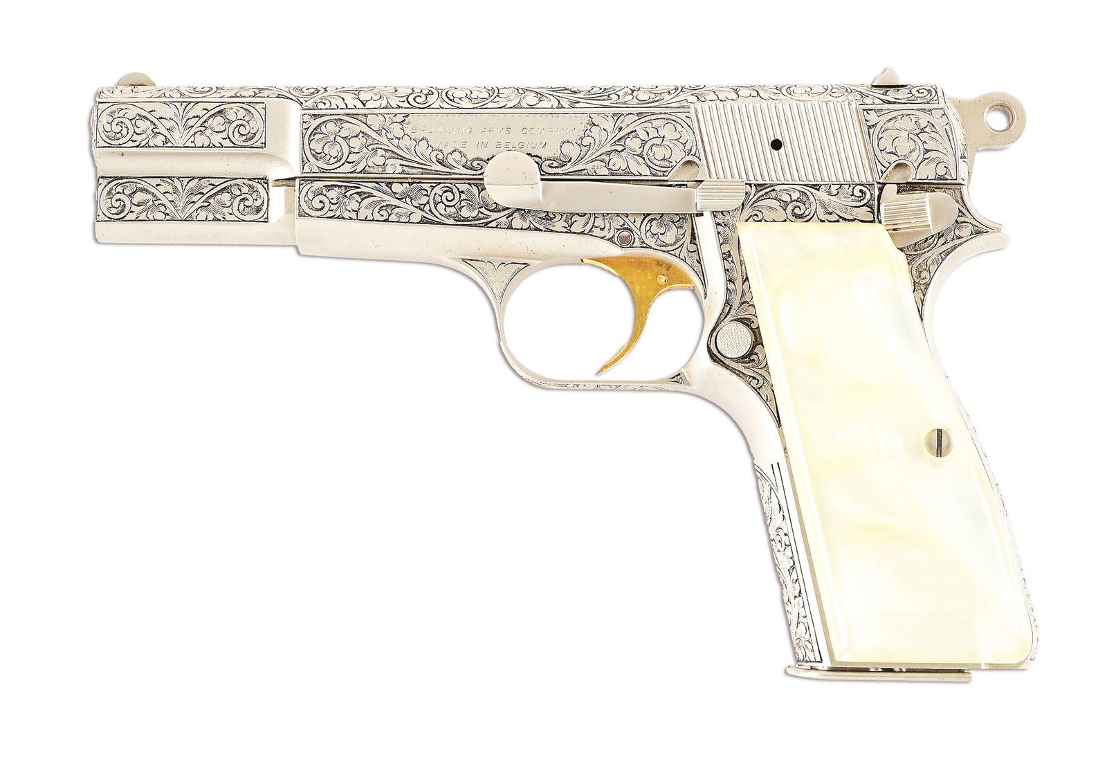 (M) BELGIAN MANUFACTURED T SERIES BROWNING HI-POWER RENNAISSANCE SEMI-AUTO PISTOL.: Classic configuration with half moon front sight, U notch rear sight, ring hammer, non-thumbprint slide, synthetic pearl grips, gold washed trigger. Engraved in the classic vine and floral Renaissance