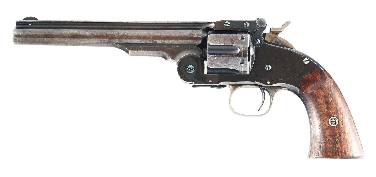 (A) MARTIALLY MARKED S&W 2ND MODEL SCHOFIELD SINGLE ACTION TOP BREAK REVOLVER.: Manufactured 1876 with an approximate 5,934 made in this model, most of which being purchased for the US military. The Schofield revolvers were issued to such active units as the 4th, 9th, and 10th Ca