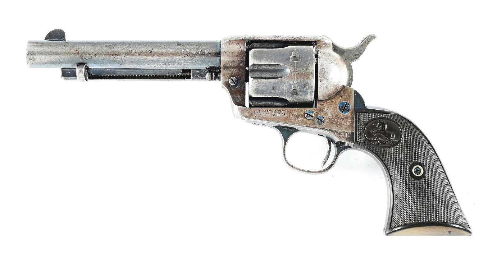(A) COLT SINGLE ACTION ARMY REVOLVER WITH FACTORY LETTER: 1898 vintage as per serial number, 175783. 5 - 1/2" barrel in .38 W.C.F. (.38-40 Winchester Center Fire) with blade front sight, single line barrel address, and frame notch rear. 2 piece checkered har
