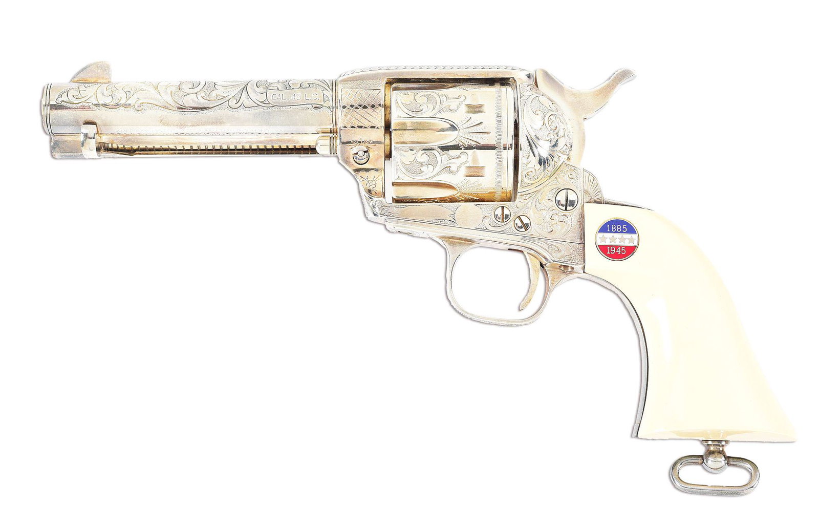 (M) VERY ATTRACTIVE AMERICAN HISOTRICAL SOCIETY GEORGE S. PATTON COMMEMORATIVE UBERTI SINGLE ACTION: Single Action Army revolver manufactured by Uberti for the American Historical Society, commemorating George S. Patton. The revolver features a lustrous high polish silver plated finish, with the fram