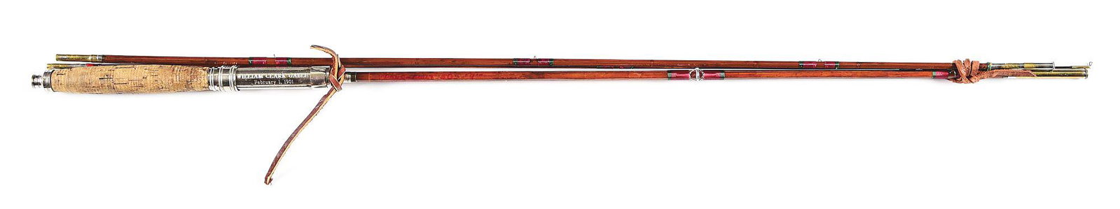 BAMBOO FLY FISHING ROD WITH INSCRIPTION TO CLARK GABLE IN ALUMINUM TUBE.: Custom built 50" 9 foot split bamboo fly fishing rod built for Clark Gable. 3-piece bamboo combo rod retains original finish with nickeled reel base, eyes, and wire guides wrapped with lacquered threa