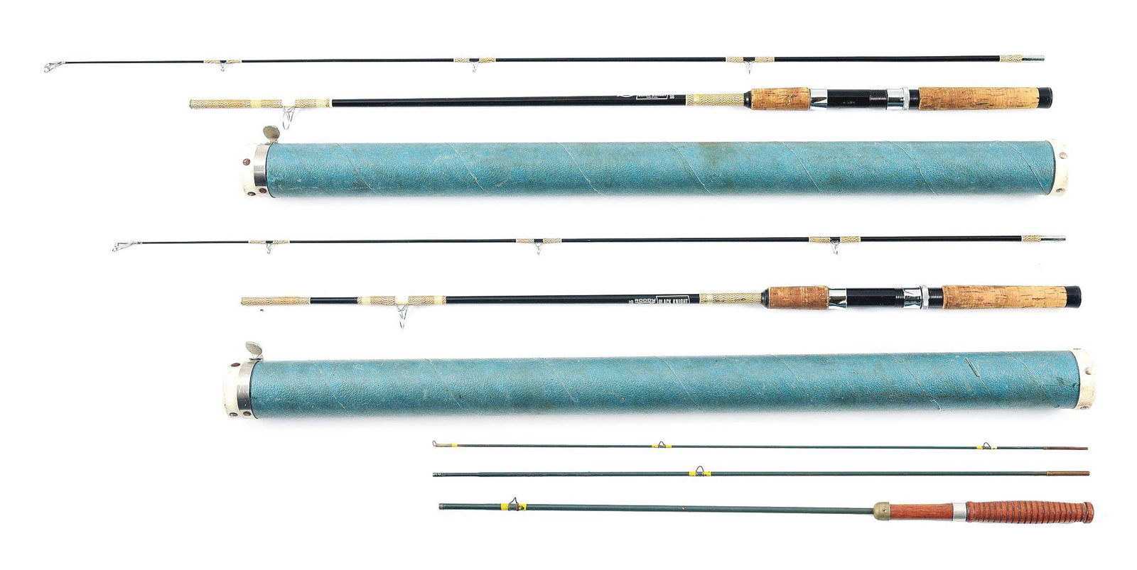 PAIR OF SALMON FISHING RODS ATTRIBUTED TO CLARK GABLE.: Two vintage cased RODDY Model 8070, "BLACK KNIGHT" 8', 15 TO 25 pound class fiberglass, two piece poles in 1950's era storage tubes. These would have been used for the heavier class of migratory fish 