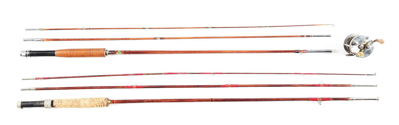 LOT OF 3: BAMBOO FLY FISHING RODS ATTRIBUTED TO CLARK GABLE.: Lot consists of: (A) 9' split bamboo "Governor" custom split bamboo fly rod. 5 1/2" cork handle with nickeled fittings and guides. (B) 7 1/2' split bamboo fly rod. 5" lacquered hardwood handle with ni