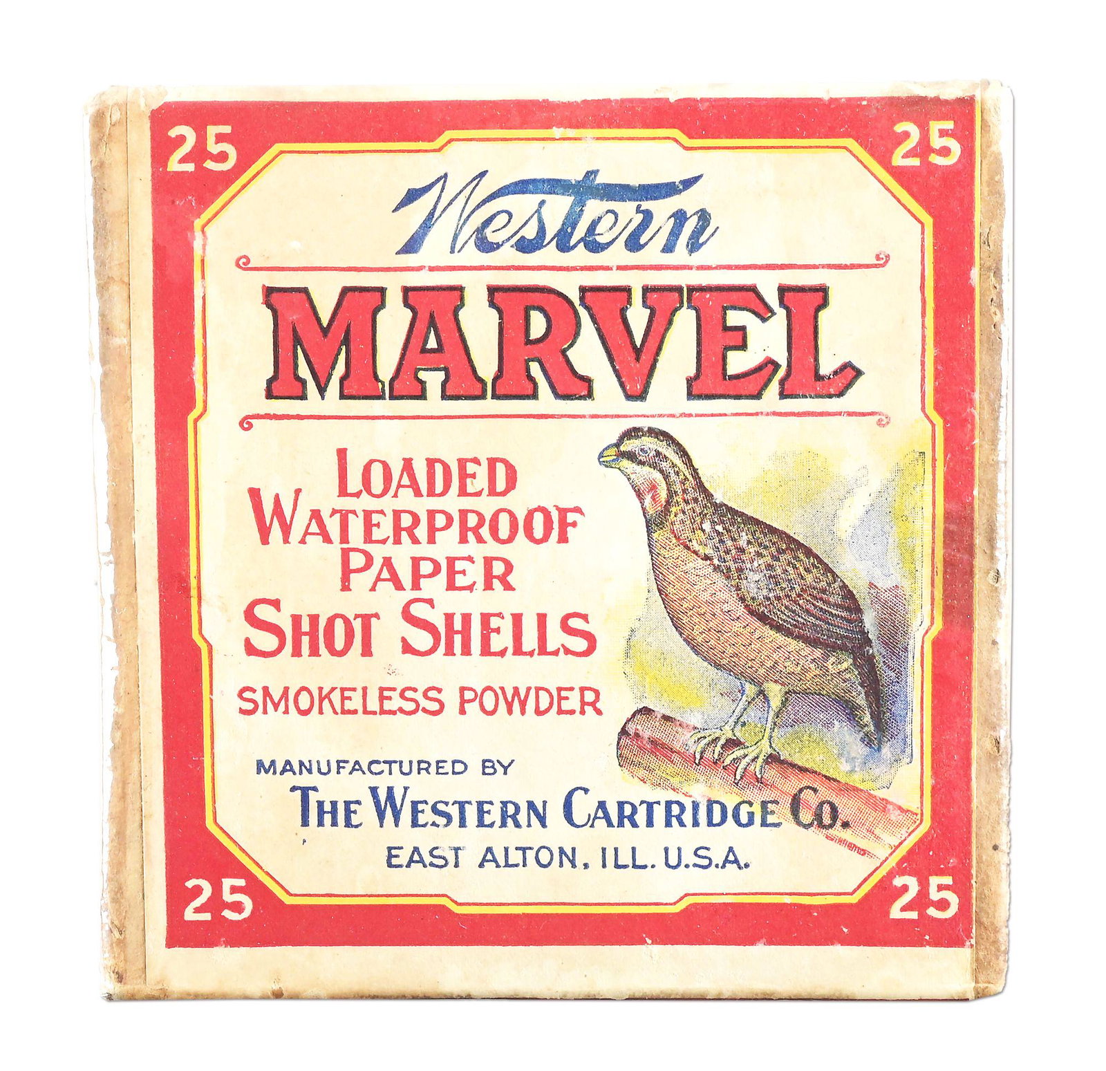 VINTAGE WESTERN TWO-PIECE SHOT SHELL BOX: Empty "Marvel" marked buff color 2-piece 12-gauge Western shot shell box. Colorful label with image of a Bob White Quail marked "Western / Marvel / Loaded Waterproof Paper Shot Shells / Smokeless Powd