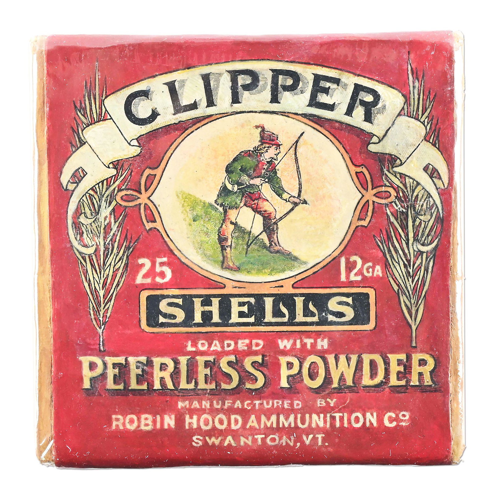 VINTAGE "CLIPPER" MARKED 2-PIECE SHELLS SHOT SHELLS BOX.: Empty Robin Hood Ammunition Company buff color 2-piece 12-gauge box. Colorful red label with image of Robin Hood and bow in center. Label marked "Clipper / Shells / Loaded With / Peerless Powder". CON