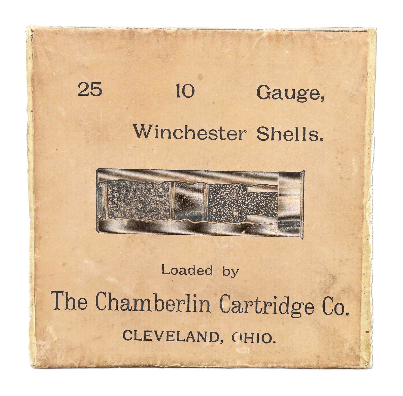 UNIQUE CHAMBERLIN CARTRIDGE CO. WINCHESTER MARKED SHOTSHELL BOX: Possibly a one-of-a-kind buff color 2-piece 10-gauge shotshell box. Label with black graphics marked: "25 10 Gauge / Winchester Shells / Loaded by / The Chamberlin Cartridge Co. / Cleveland, Ohio". Im