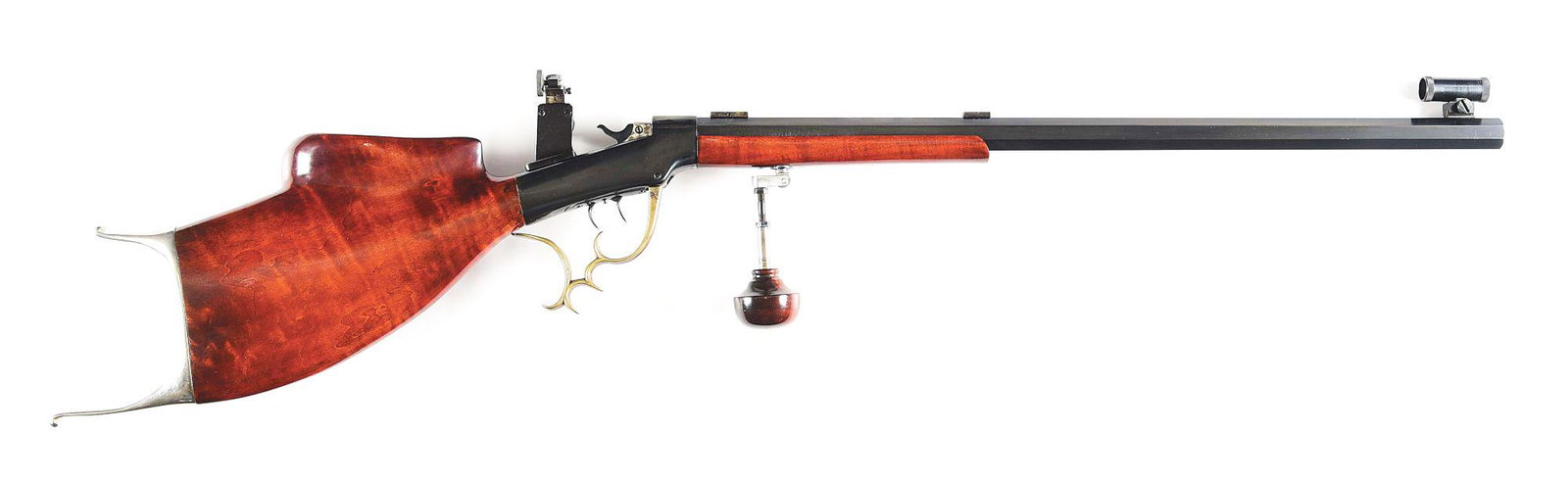 (C) MARLIN BALLARD SINGLE SHOT TARGET RIFLE.: Custom Marlin Ballard single shot rifle marked "W. CRANE" on left barrel flat and on sight. Crane is unknown to this cataloger. Blued 28" medium weight octagon rifled barrel marked underneath forearm 