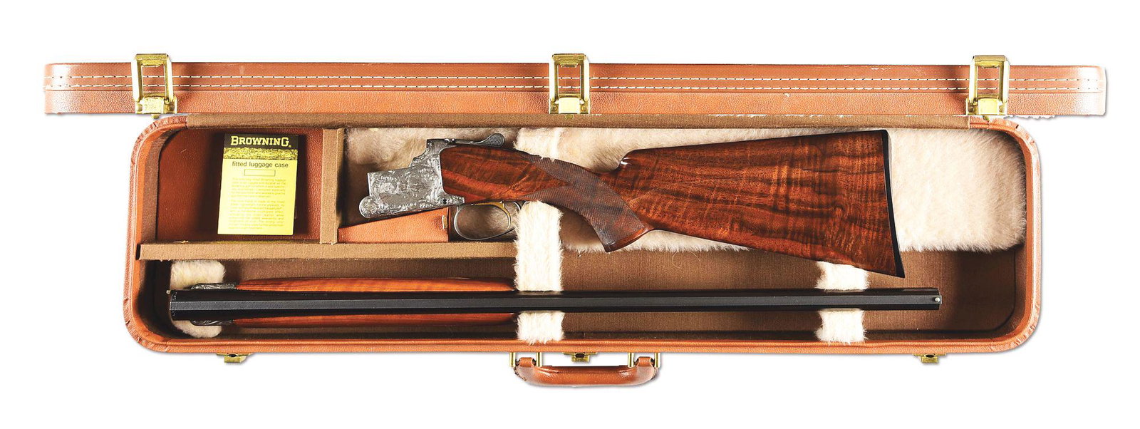 (C) BROWNING SUPERPOSED DIANA GRADE OVER UNDER SHOTGUN WITH CASE: Circa 1967. "Made in Belgium" marked game gun with markings fo "Browning Arms Company, ST LOUIS Mo. & MONTREAL P.Q.". Blued barrels with "Special Steel 12 GA. SHELLS - 2 3/4"" legends on right barrel.