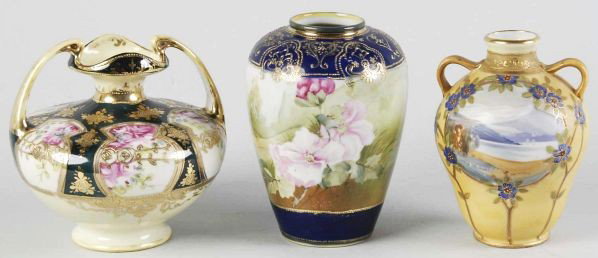 Lot of 3: Nippon Vases.: Includes two vases with floral decor and one vase with a mountain and lake scene. All three are artist signed. Condition (Excellent). Size Largest: 6" T.