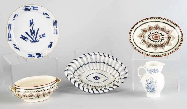 Lot of 5: China Pieces.: Includes one open lattice work dish, one early Canton wear plate, one Royal Worcester pitcher, and one early open dish with bottom plate. Condition (Excellent). Size Largest: 9 - 1/2" L.