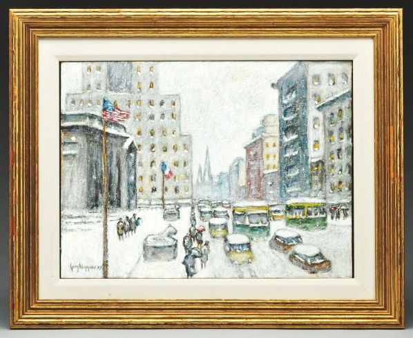 Guy C. Wiggins NY Cityscape Snow Scene Painting.: Oil on canvas. Signed "LL, Guy Carleton Wiggins". (American, 1883-1962). Guy was born in Lyme, CT and was educated there at his father's (John Carleton Wiggins) Art School. Before he settled on a care