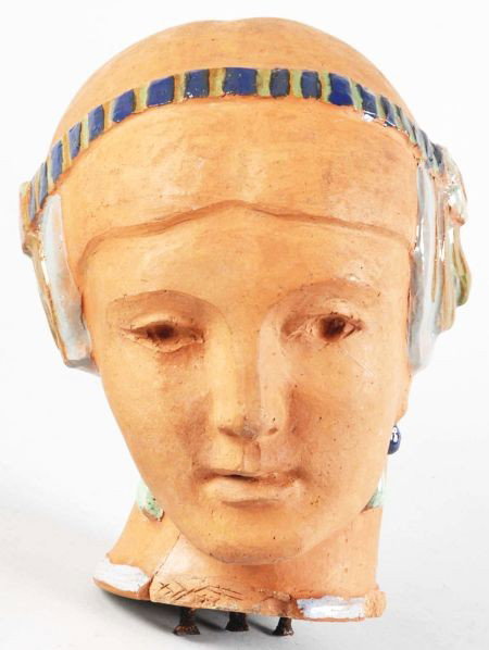 Art Deco Terra Cotta Head.: Circa 1920. Used for gate post topper. Some chipping on bottom and a two-inch crack. Condition (Excellent).