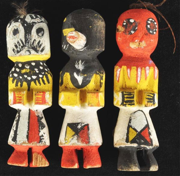 Lot of 3: Native American Indian Wood Figures.: All are carved. One with chip in foot. Condition (Very Good - Excellent).