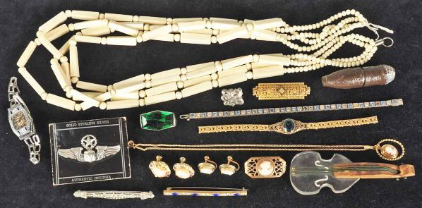 Lot of Jewelry Pieces.: Includes two bars pins, one cameo pin, one violin pin, one ladies watch, one Sterling Air Force pin, one figural lighter, one ivory necklace, one cameo set with two pairs of screw-back earrings and pe