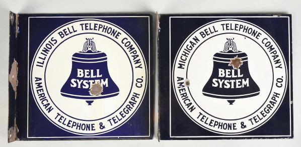 Lot of 2: Bell Telephone State Flange Signs.: Porcelain. One for Michigan and the other for Illinois. Condition (Very Good - Excellent). Size Each: 11" x 12".