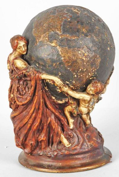 Hide-A-Phone.: Circa 1920. Paper mache woman and child holding up the world. Used to cover candlestick phones. Slight chipping and paint loss. Condition (Very Good). Size 12 - 1/2" T.