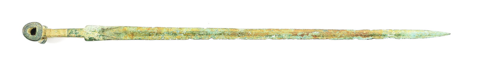 LURISTAN DOUBLE EAR POMMEL BRONZE SWORD.: Northwestern Iranian, bronze sword from the Luristan region, circa 1000 to 600 BC. Long and solid bronze sword that appear to be made out of a single metal billet. Convex tapered blade finishes into a