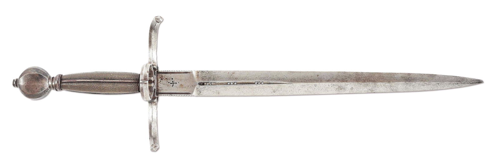 A LEFT HANDED PARRYING DAGGER CIRCA 1600, PROBABLY GERMAN.: Form is indicating of German/Saxon manufacture circa 1600. Spearpoint blade (extreme of tip damaged) with raised medial ridge. There is a 3 - 1/2" strip of ridge that is sunken and decorated with 3 se