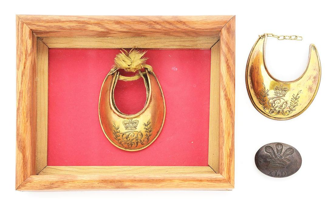 LOT OF 3: GORGETS WITH A 10TH BRITISH LIGHT DRAGOONS BELT PLATE.: Lot consists of (A) 1796 pattern British officer's gorget in a display box. Has the original lining and portion of a neck ribbon. CONDITION: Very good. Semi-bright with nicely detailed engraving. Some