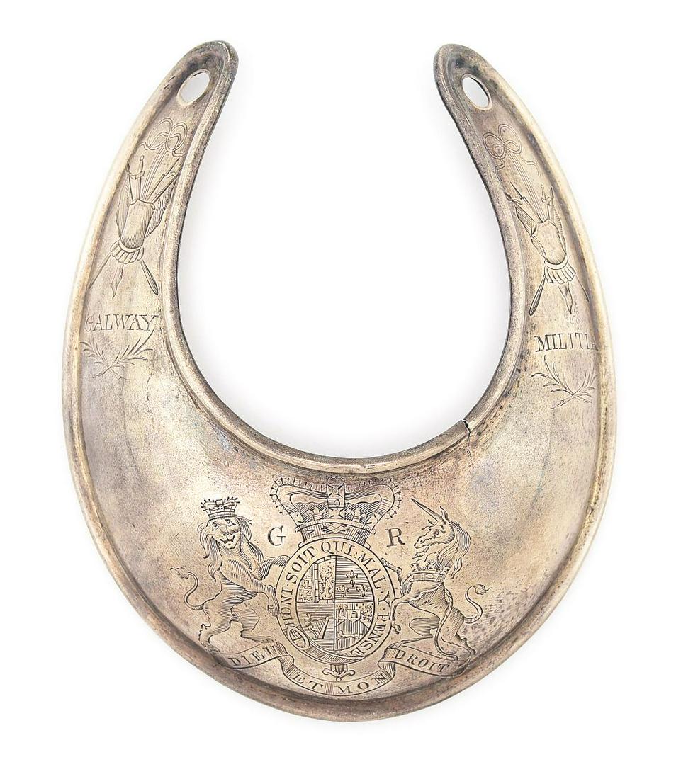 18TH CENTURY SILVER GALWAY MILITIA ROYAL OFFICER'S GORGET.: Gorgets like these were used by officers of the militias that Great Britain relied on for defense of their colonies. This example is engraved on either wing with a panoply of arms with swords, polearm