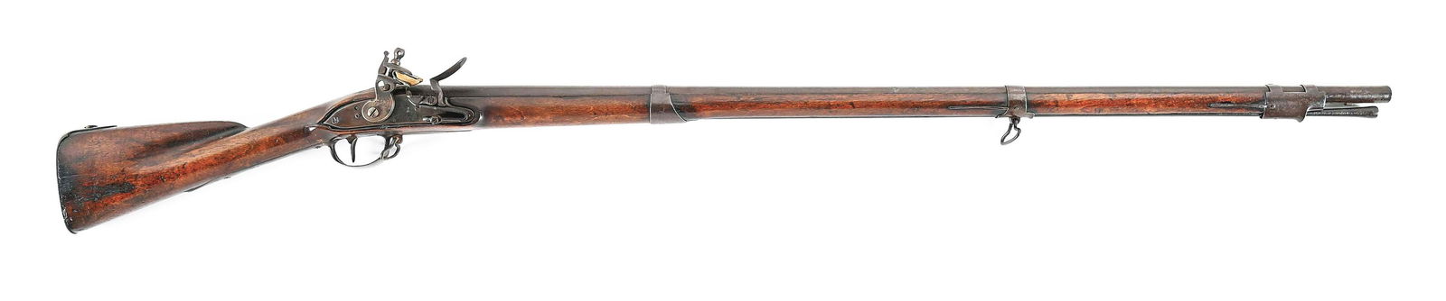 (A) FRENCH MODEL 1763 MUSKET WITH US SURCHARGED LOCK.: The round barrel is marked with partially visible French marks, including a large script "R" and a couple stamped fleur-de-lis markings. Bayonet lug mounted on bottom. The replaced lock is inscribed "