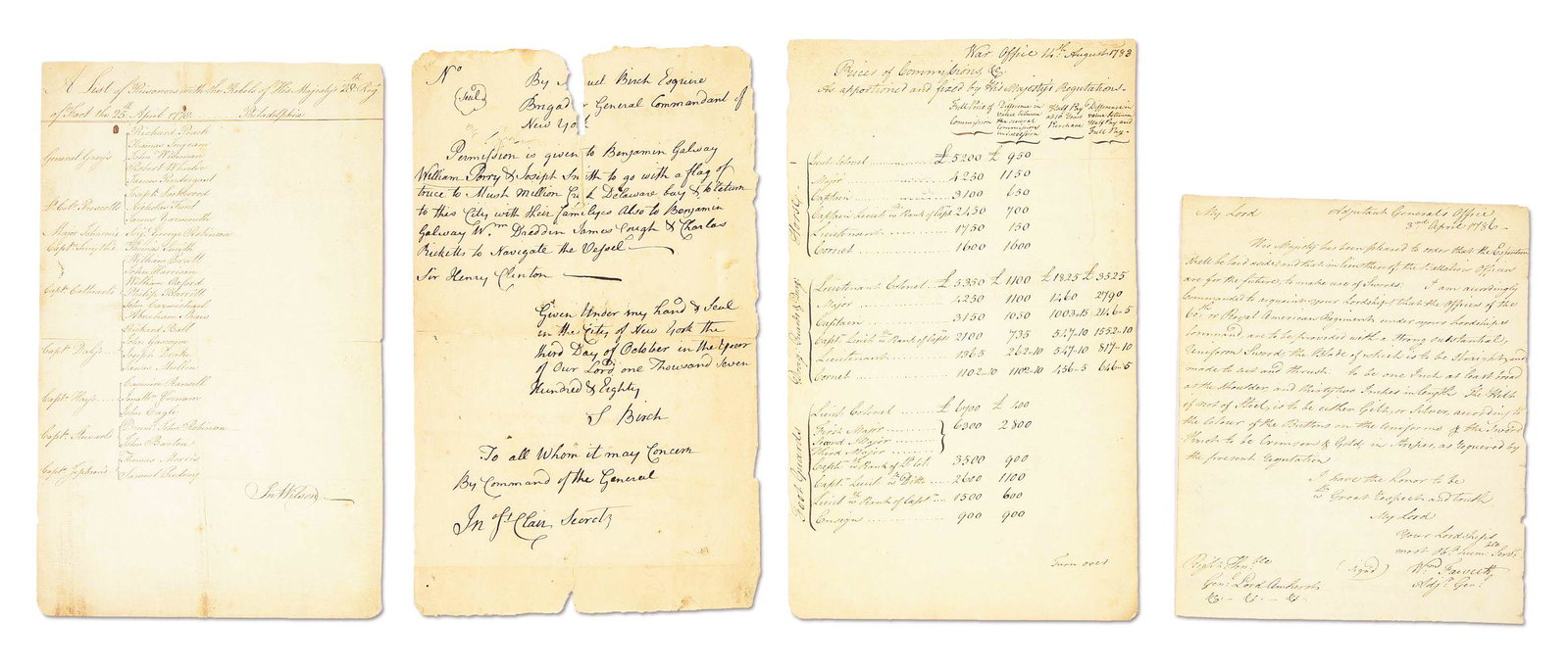 LOT OF REV WAR ERA BRITISH DOCUMENTS: 1778 28TH REGT POWS, 1782 PRICES OF COMMISSIONS, 1783 60TH: Lot consists of 4 items: (A) 1781 pass from Samuel Birch, Brigadier General Commandant of New York for 4 men to leave the city under flag of truce for Mush Mullion Creek Delaware Bay and return with t
