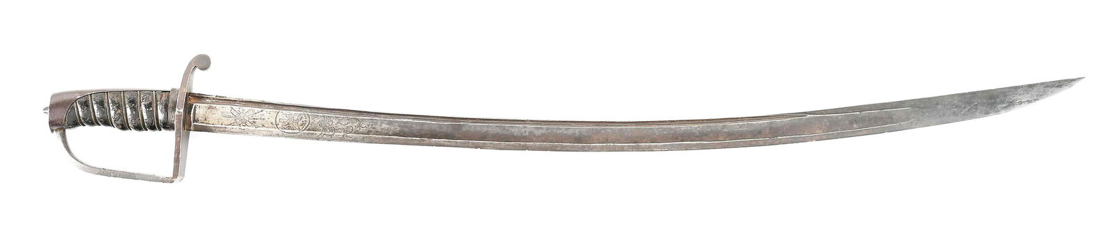 AMERICAN CAVALRY SABER FEATURING THE GREAT SEAL OF THE UNITED STATES.: For a similar example of this hilt, see 311.S on pg. 165 of "Swords and Blades of the American Revolution" by George Neumann. The slightly curved double-fullered blade in engraved on both sides with t