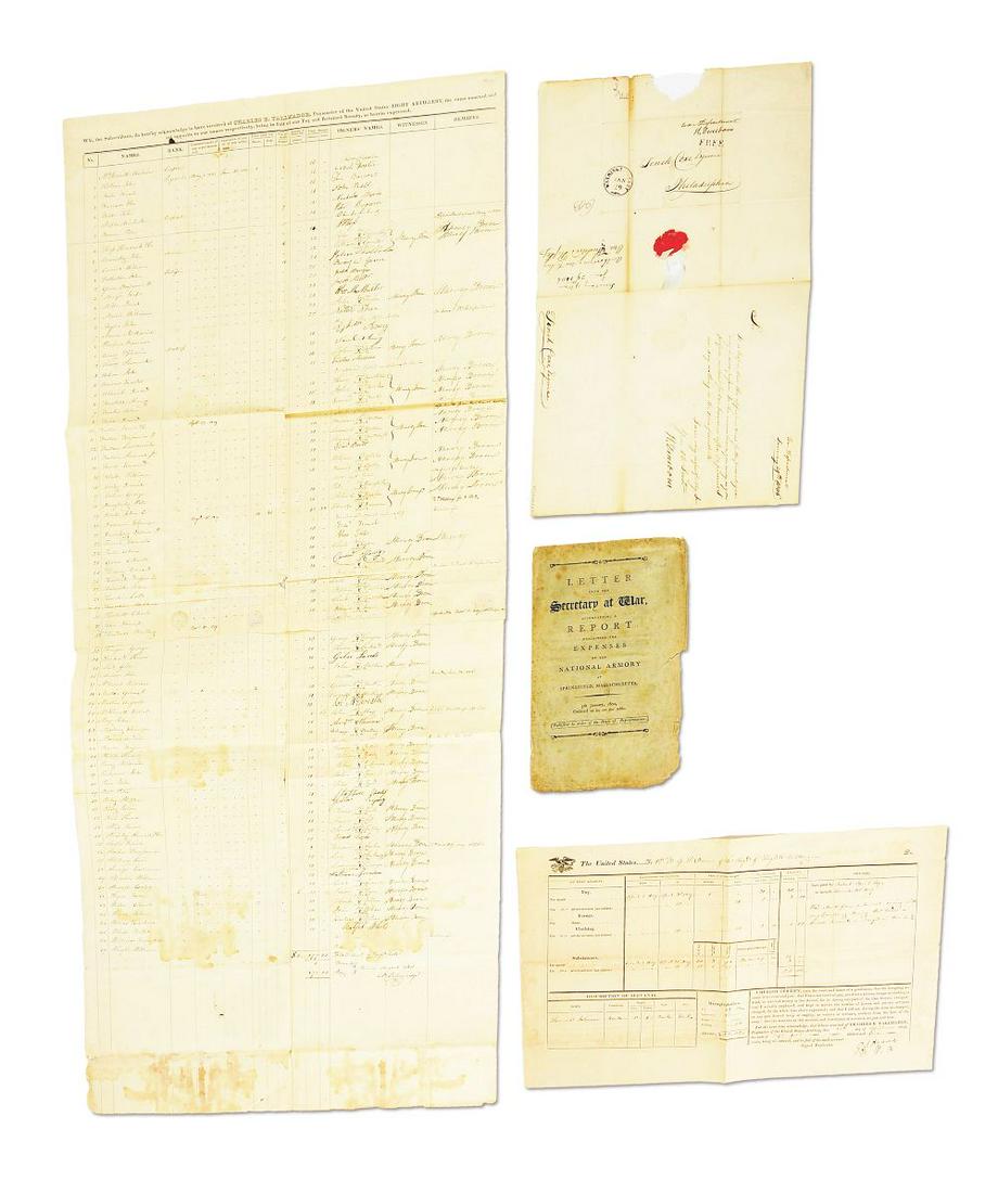 LOT OF 4 ARMS AND ARTILLERY DOCUMENTS CIRCA 1800, COX AND DEARBORN.: Lot consists of 4 items (A) Jan. 1806 War Department letter to Tench Cox authorizing for contract for 100 rifles signed by Henry Dearborn. Partial red seal and free frank by Dearborn also. CONDITION: 