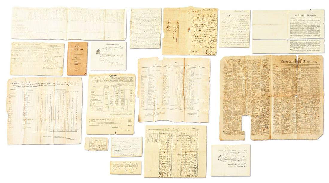 LOT OF 17 WAR OF 1812 DOCUMENTS.: Lot consists of 17 items: (A) Recruiting Instructions, 1 page front and back, printed guidelines for who could be recruited, terms, pay, uniform allowance, rations, etc. CONDITION: Tear on bottom fold
