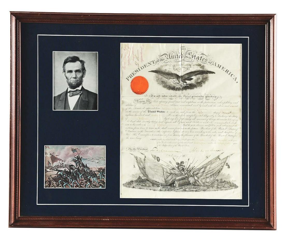 FRAMED ABRAHAM LINCOLN SIGNED CIVIL WAR COMMISSION FOR JAMES S. BRISBIN, 3RD US CAVALRY, BREVET: Excellent example of a war-dated Army commission for Captain James S. Brisbin that is signed by 16th US President Abraham Lincoln. The commission was signed on August 5, 1861 and commissions Brisbin a