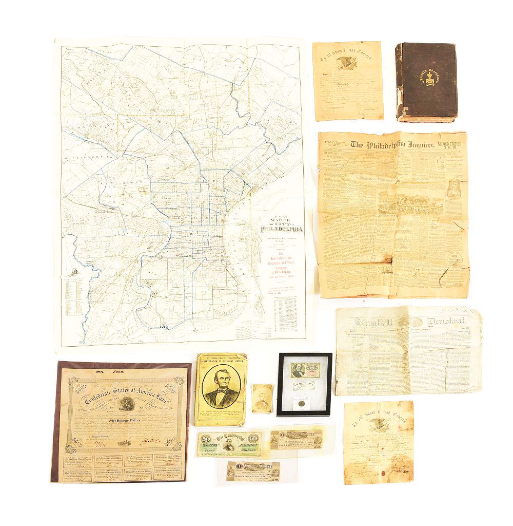 LARGE LOT OF CIVIL WAR DISCHARGES MONEY AND LINCOLN RELATED EPHEMERA.: Lot consists of (A) 1861 "Union Forever" token, 1870s 25 cents fractional currency and 1861 Commonwealth of Virginia $30 interest note. (B) Trimmed CDV of Abraham Lincoln with F.M. Yeager, Reading, Pe