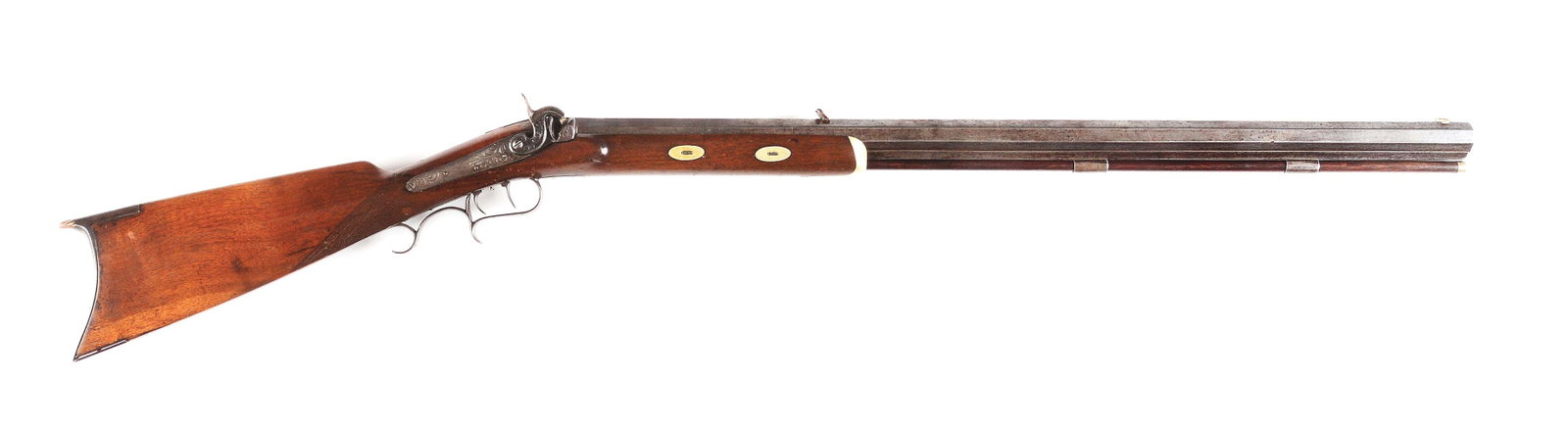 (A) SLOTTER HALF STOCK PERCUSSION RIFLE.: Western Plains style percussion halfstock rifle made by Slotter and Company in Philadelphia, Pennsylvania, with retailer marks for "A.J. PLATE / SAN FRANCISCO, CALIFORNIA". 30- 1/4" heavy octagonal .5