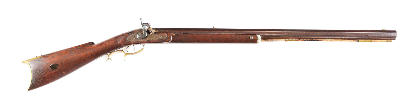 (A) JAMES ALLEN PERCUSSION PLAINS RIFLE.: Kentucky plains style halfstock percussion rifle built in Kalamazoo, Michigan by James Allen circa 1870. 29 - 5/8" octagonal .38 caliber rifled barrel with blade front sight, notched dovetail rear sig